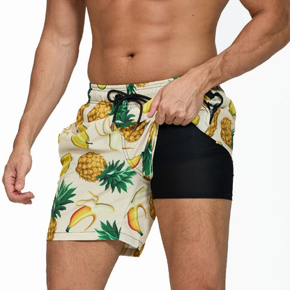 Mens boardshorts by ShopHub NZ featuring polyester fabric, long liner, side zipper pocket, suitable for beach or gym activities.