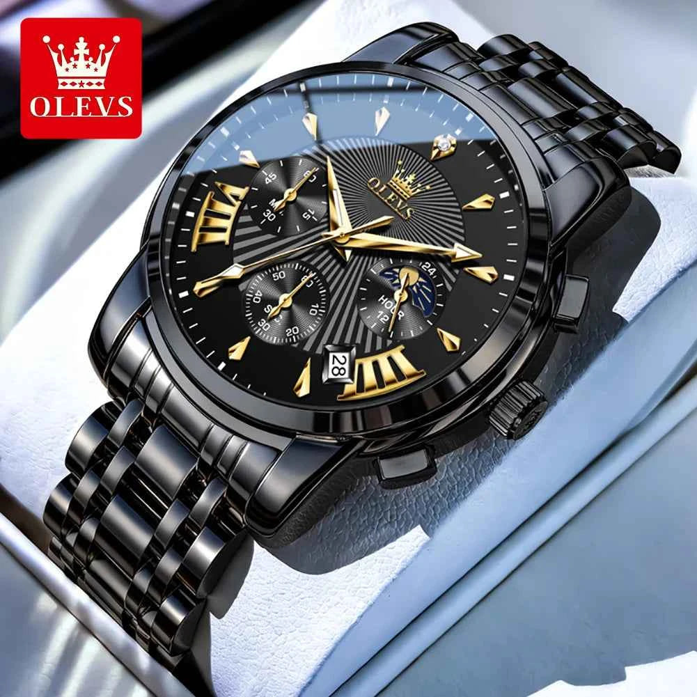 OLEVS 2892 Mens Business Quartz Watch with Moon Phase Multifunctional Chronograph and Calendar Window