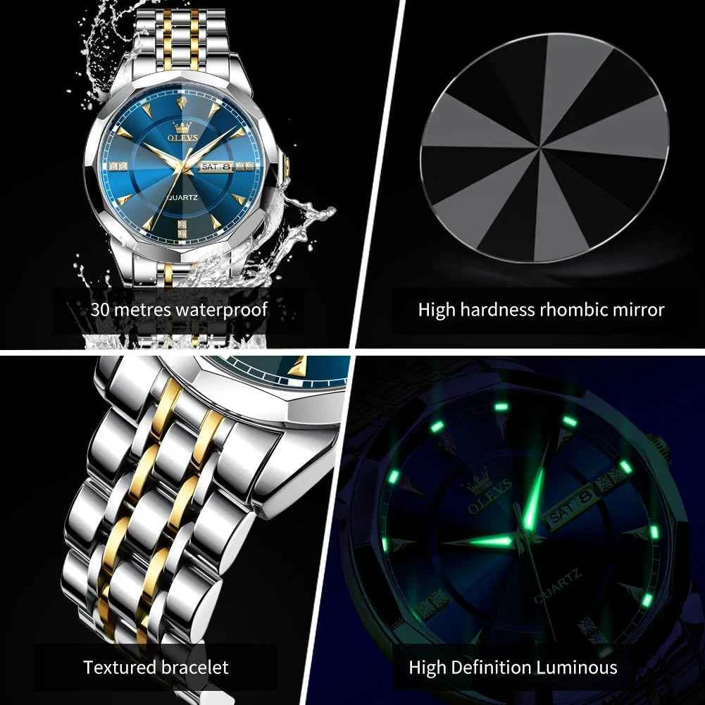 OLEVS 9977 Mens Watch Original Quartz Luminous Waterproof Day-Date Watch for Ladies and Gentlemen with Gift Box