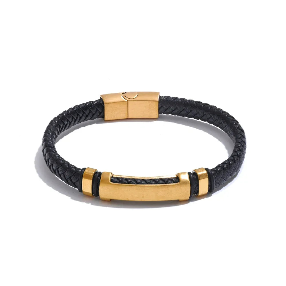 70mm Vintage Stainless Steel Black Leather Braided Handmade Men's Bracelet Bangle - ShopHub