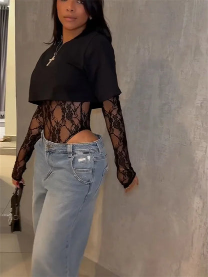Kliou Sexy Fashion Crop Tops+Women Lace Jacquard Full Sleeve Bodysuit Hot Girls High Street Wild Style Classic Skinny Clothing