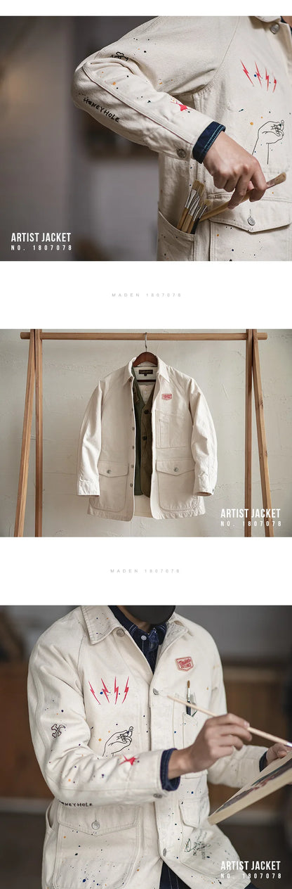 Maden Workwear French Vintage Square Neck White Denim Jacket Large Pocket Raglan Men's Top Early Autumn Coat