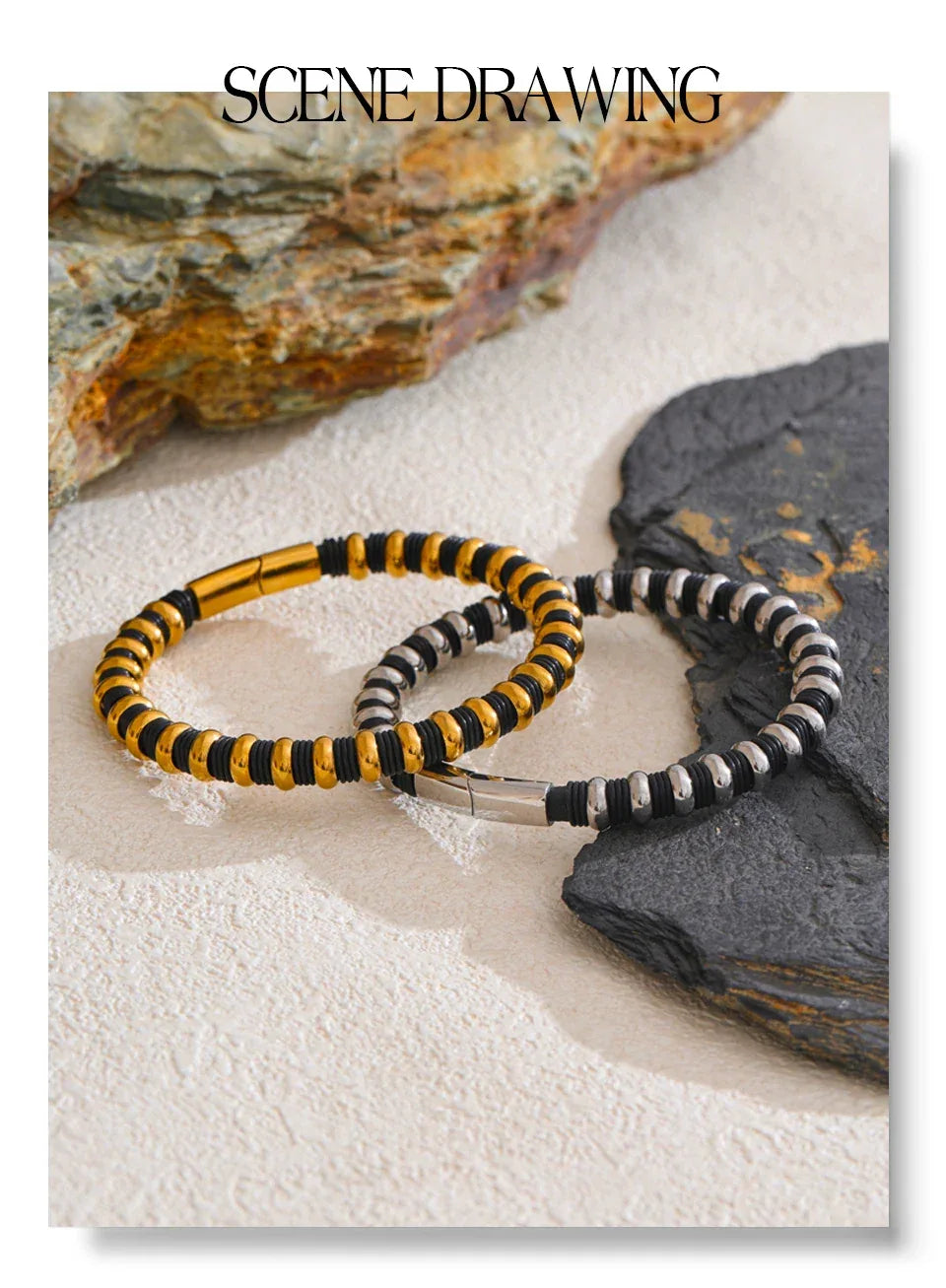 65mm Distinctive Stainless Steel Leather Metal Beads Bracelet Bangle - ShopHub