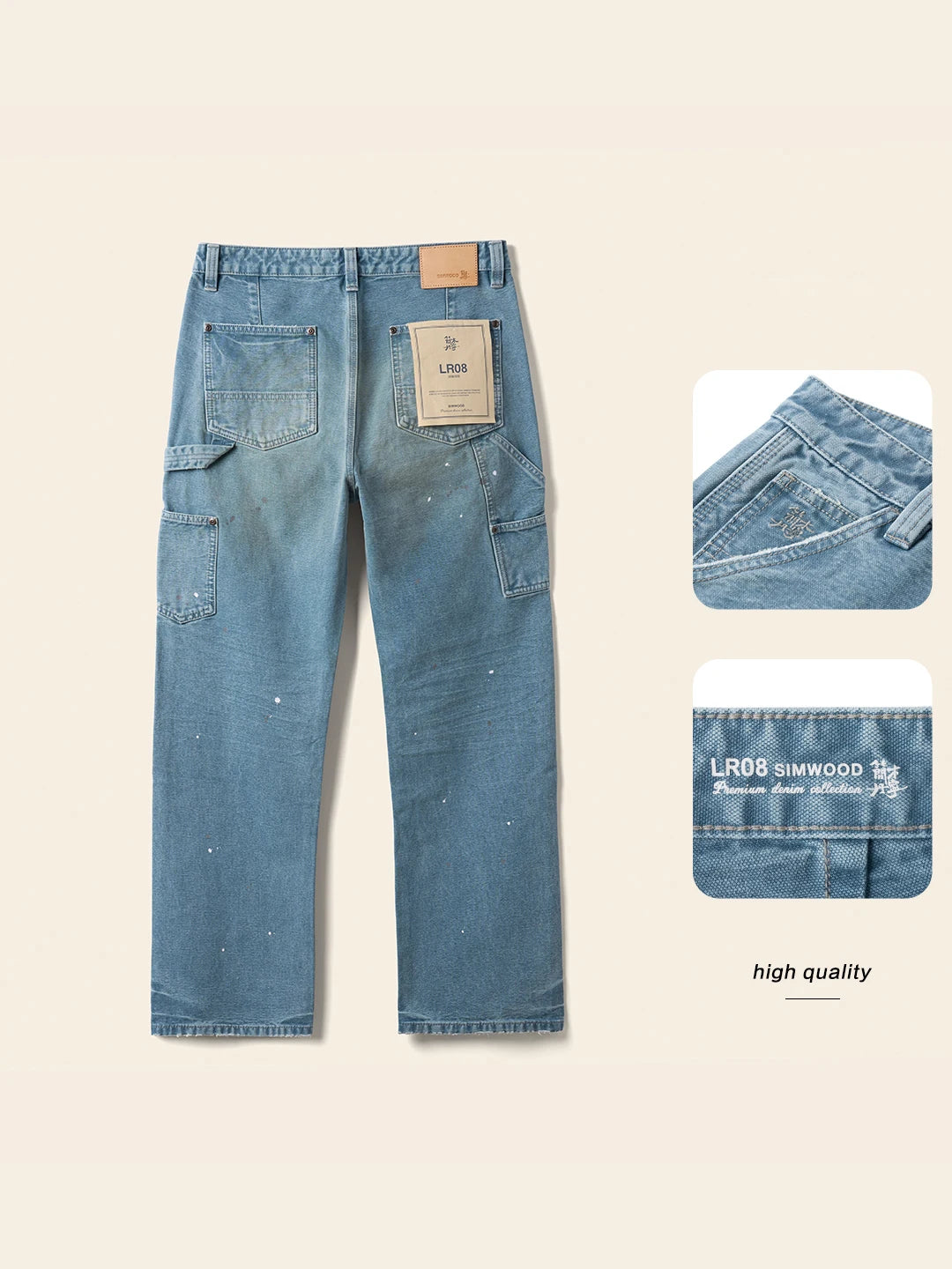 SIMWOOD High Standard 2026 Autumn New Loose Relax 12oz Fabric Denim Logger Pants Men Outdoor Workerwear Paint Splatter Jeans