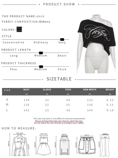 Kliou Casual Letter Print Skew Collar T-Shirt