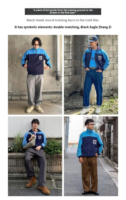 Maden Men's Vintage Contrast Navy Blue Jacket Waffle Knit Training Jacket Breathable Stand Collar Outwear for Spring Fall