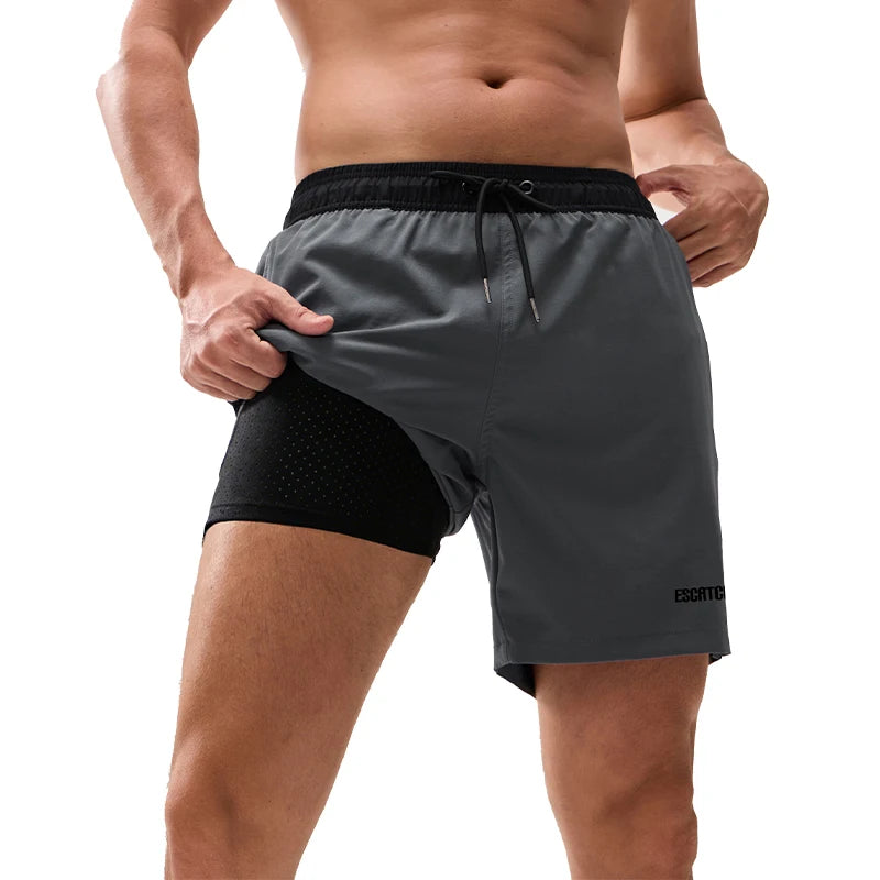Men's DATIFER 2026 beach embroidery logo swim shorts with long lining, elastic waistband, suitable for gym, boat, or beach activities.