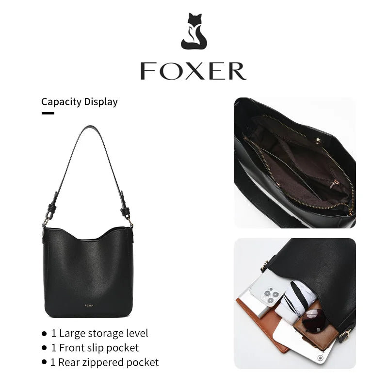 FOXER Simple Women Shoulder Bag Daily Commuting Tote Bag PU 2026 Casual Female Large Bucket Bag