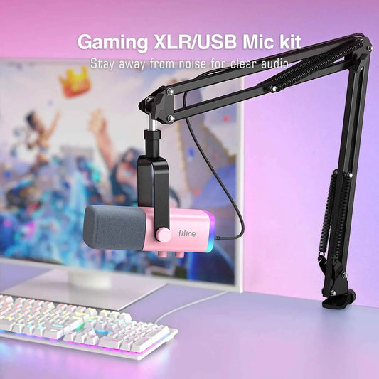 FIFINE Gaming USB/XLR Dynamic Microphone Kit with Gain Knob/RGB/Monitor,Boom Arm Mic Set for PC PS5/4 Mixer-AmpliGame Pink AM8TP