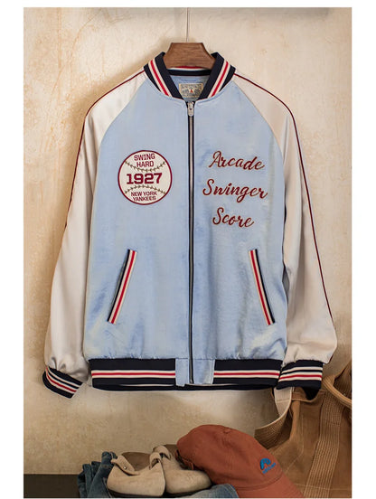 Maden Men Vintage Embroidered Souvenir Jacket Satin Contrast Baseball Bomber Outwear Short Zip-Up Casual Jacket for Spring Fall