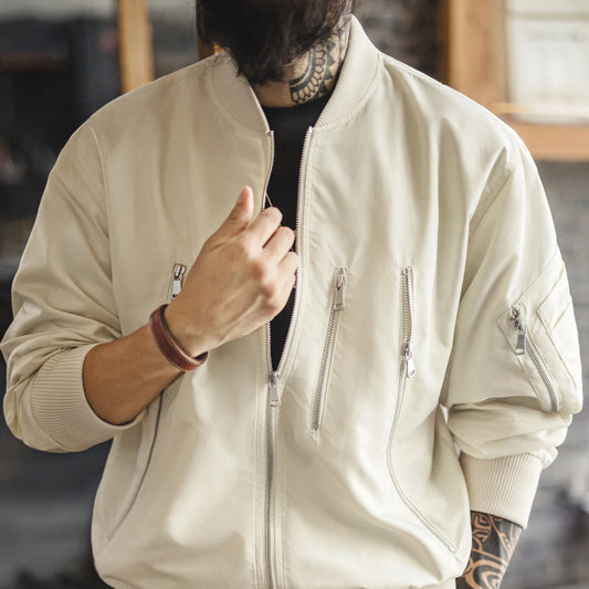 Maden Men's Vintage L2B Pilot Jacket White Lightweight Flight Bomber Jacket Short Zip-Up Casual Baseball Coat for Spring Autumn