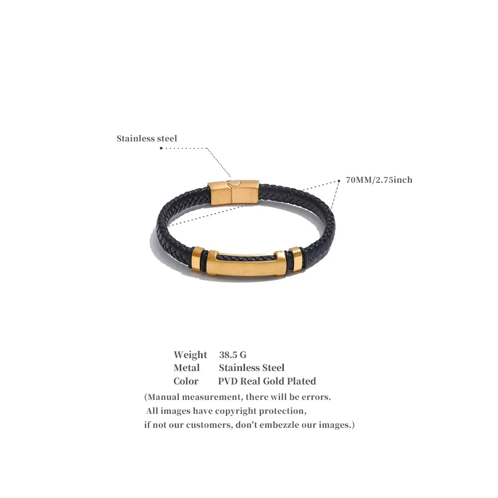 70mm Vintage Stainless Steel Black Leather Braided Handmade Men's Bracelet Bangle - ShopHub