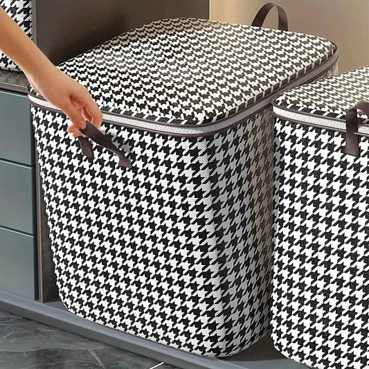 Houndstooth Canvas Storage Bin with Zippers & Handles, Organizer for Clothes, Sewing Supplies, Under-Bed & Travel Storage