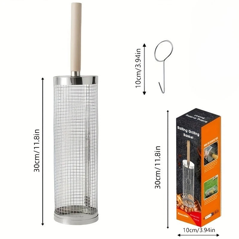 2-Piece Stainless Steel BBQ Grill Set with Wood Handle & Hook