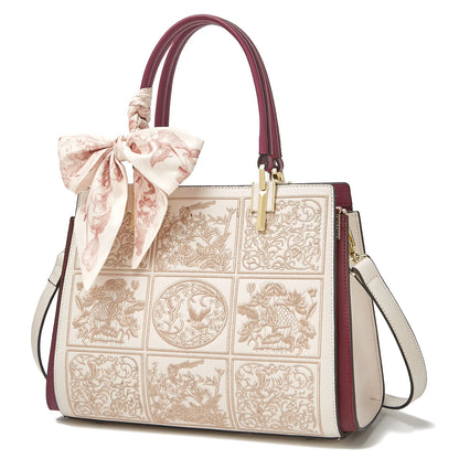 FOXER Women's Shoulder Handbag New Office Lady Crossbody Bag Medium Tote Chic Split Leather Silk Scarf Printing Pocket Mom's Bag