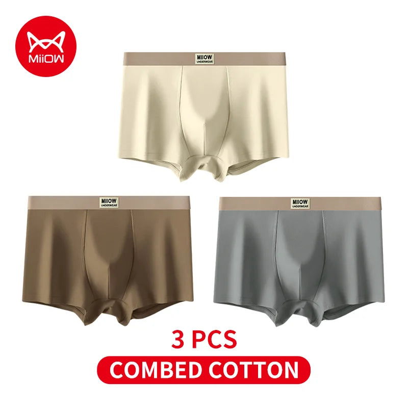 MiiOW 3Pcs Men's Cotton Underwear Antibacterial Breathable Crotch Soft Boxershorts