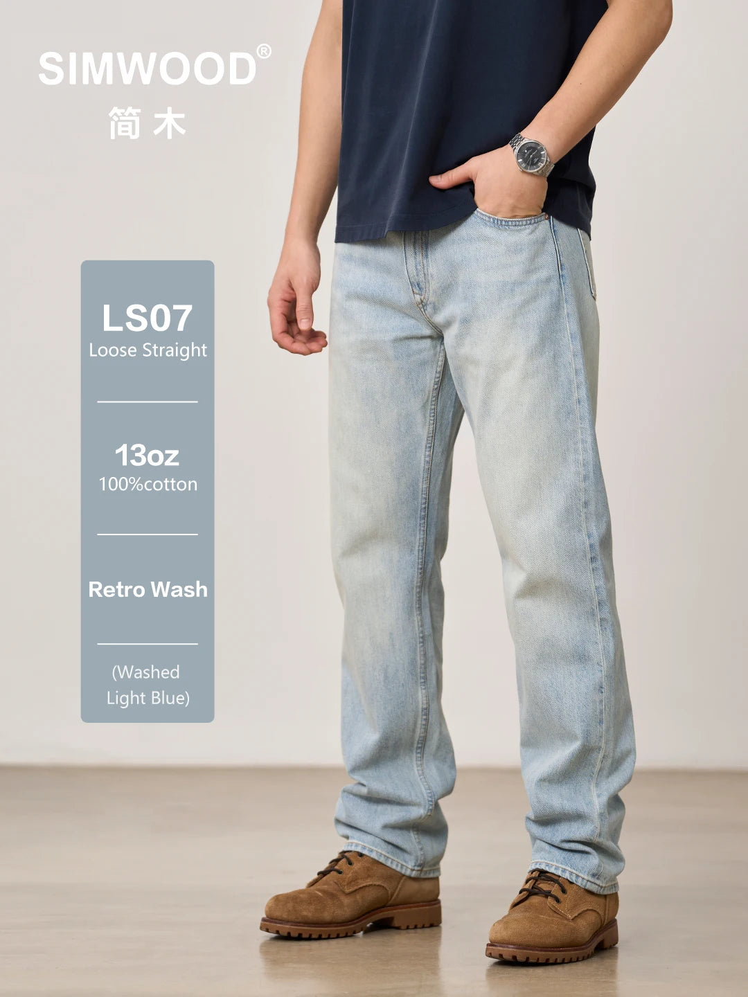 SIMWOOD 2026 Autumn Winter New Loose Straight 13oz 100% Cotton Fabric Jeans Men Washed Vintage Classical Denim Trousers