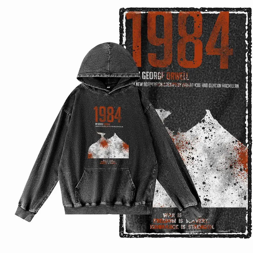 1984 Graphic Acid-Washed Black Streetwear Hoodie