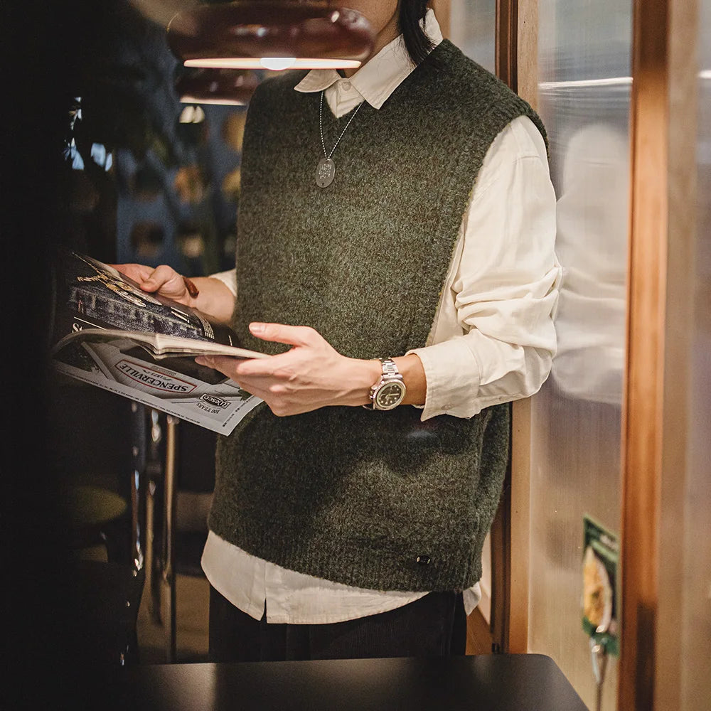 MADEN Moss-Green V-Neck Knit Vest