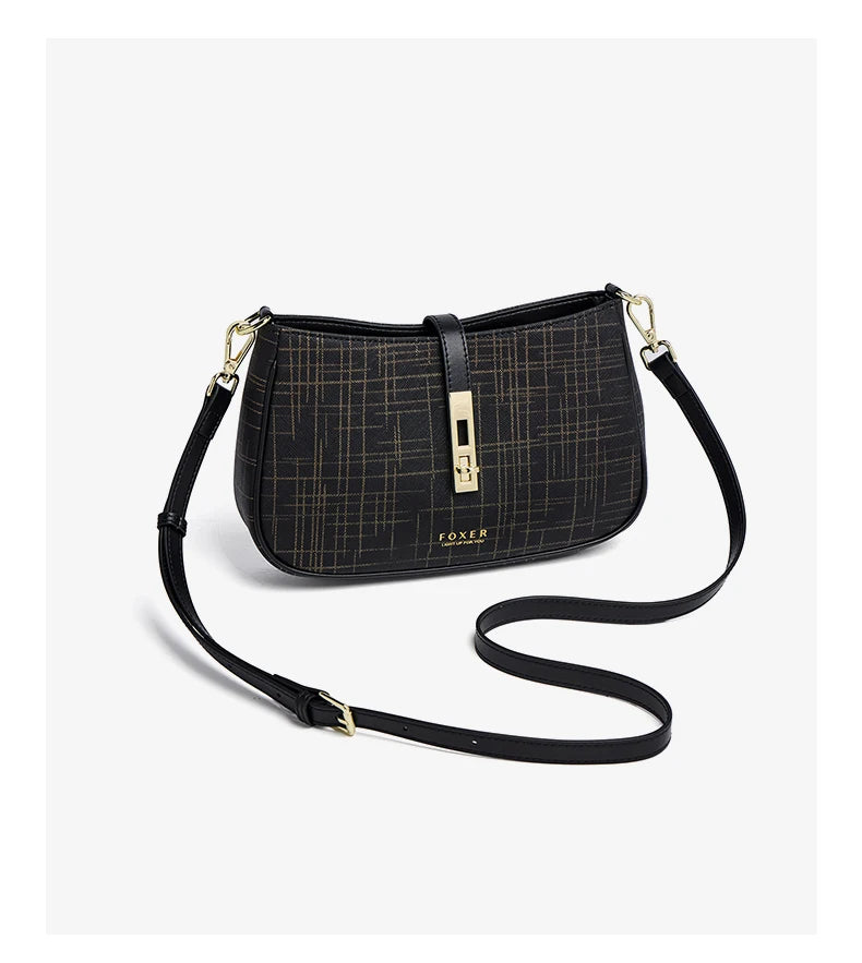 FOXER Cowhide Leather Women Baguette Shoulder Bag Light Luxury Ladies Crossbody Bag Fashion Sling Purse for Daily Dating Use