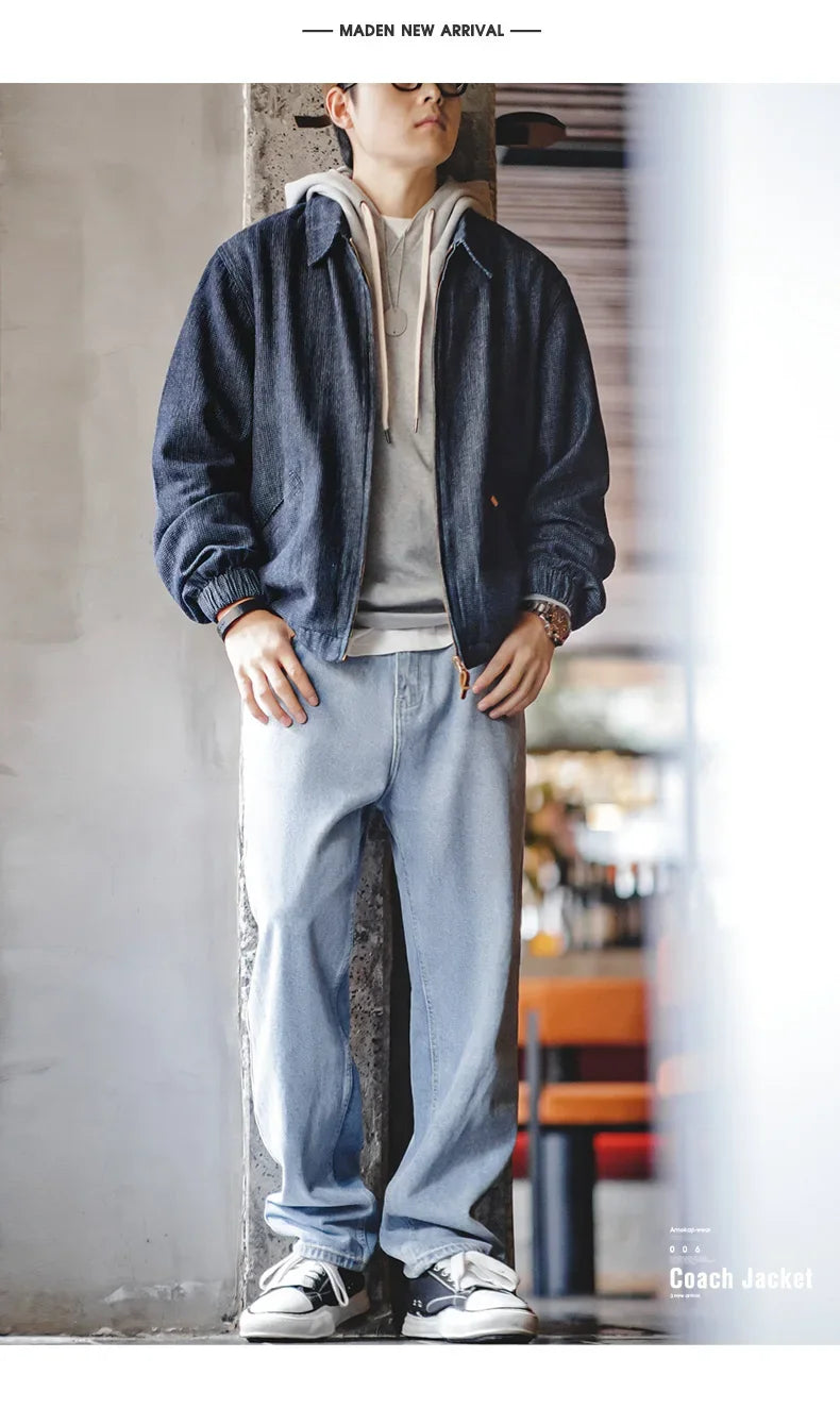 Maden New Vintage Denim Jacket Loose Fit Lapel Zipper Jacket for Men’s Spring and Autumn Fashion Short Blue Versatile Coats