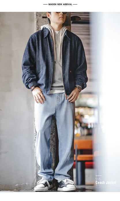 Maden New Vintage Denim Jacket Loose Fit Lapel Zipper Jacket for Men’s Spring and Autumn Fashion Short Blue Versatile Coats