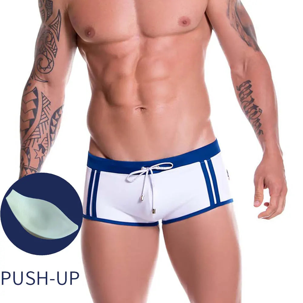 UXH Trunk Swimwear Swim Pants Solid Stretch Outdoors Casual Bathing-Pants Brand Beach Swimming Drawstring Man Swimsuit Low-Waist White and Pad