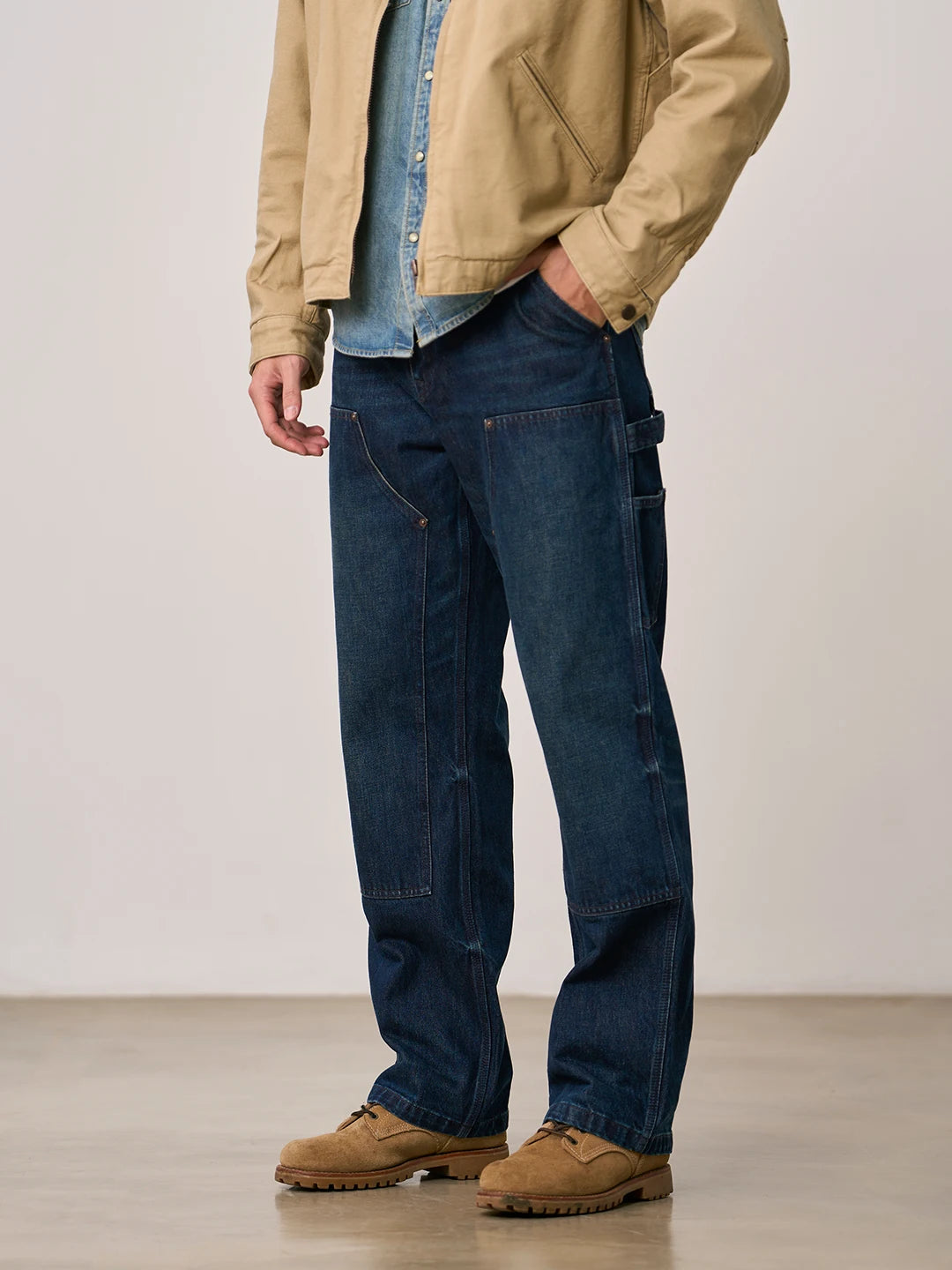 SIMWOOD High Standard 2026 Autumn Winter New 13.5oz Heavyweight Vintage Wash Carpenter Jeans Men Cargo Denim Pants
