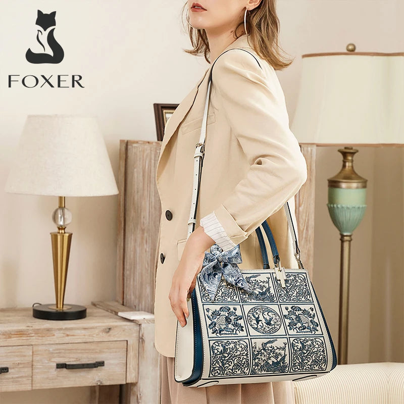FOXER Women's Shoulder Handbag New Office Lady Crossbody Bag Medium Tote Chic Split Leather Silk Scarf Printing Pocket Mom's Bag
