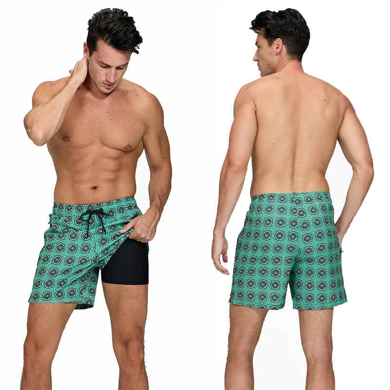 Men's polyester boardshorts with side zipper pockets, long liner, suitable for beach and gym, by ShopHub NZ.