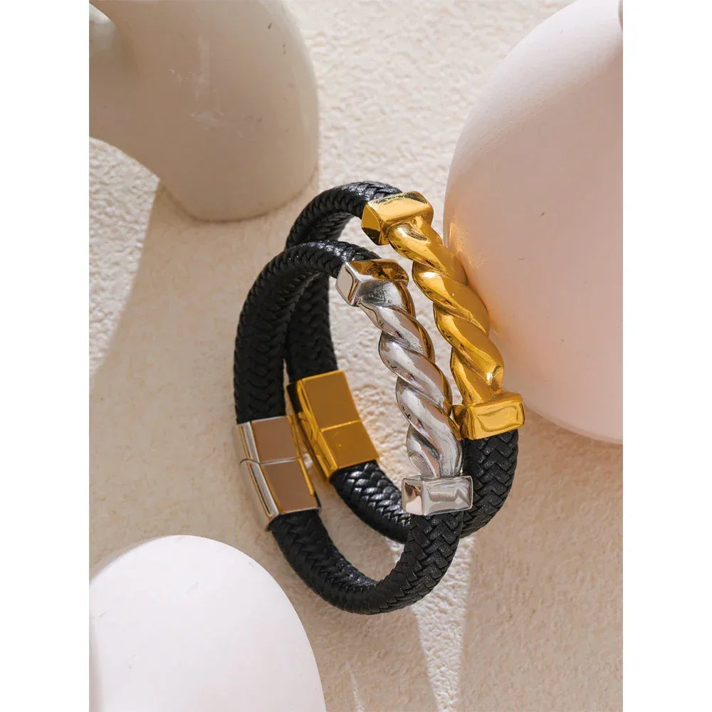 65mm Leather Metal Twisted Chain Handmade Wide Bracelet Bangle - ShopHub