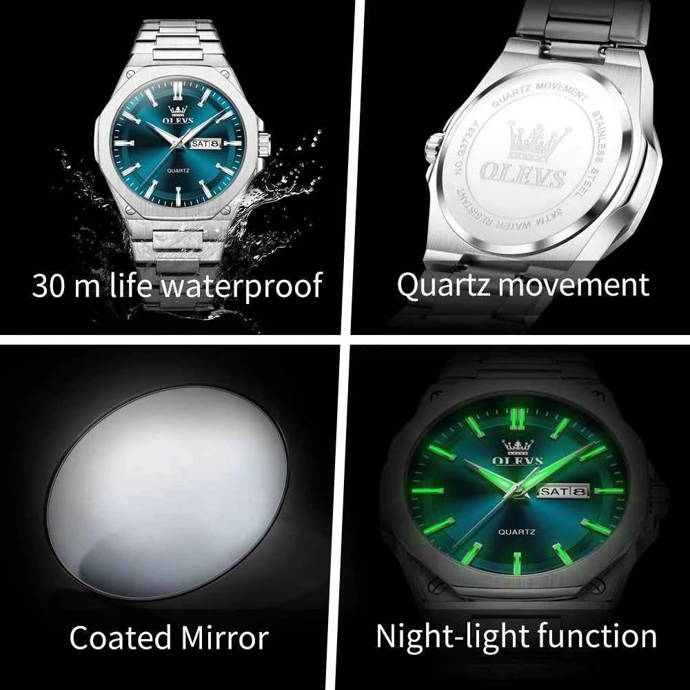 OLEVS 3733 Men Quartz Watch with Night Light Function, 30m Waterproof, Week Date Display - Luxury Sports and Business Brand Watch