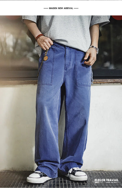 Maden Men‘s Vintage Washed Denim Jeans Blue Cotton Canvas Workwear Zipper Pants Loose Fit Casual Trousers for Spring and Autum