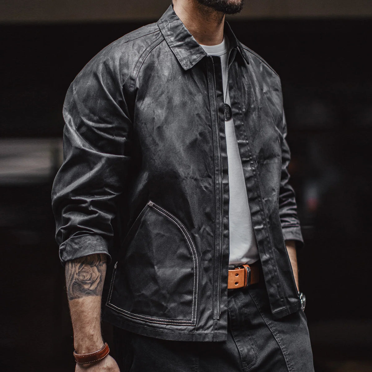 Maden Black Oil Waxed Canvas Hunting Jacket Contrast Topstitching Rugged Cropped Outerwear Casual Short Length for Men Autumn