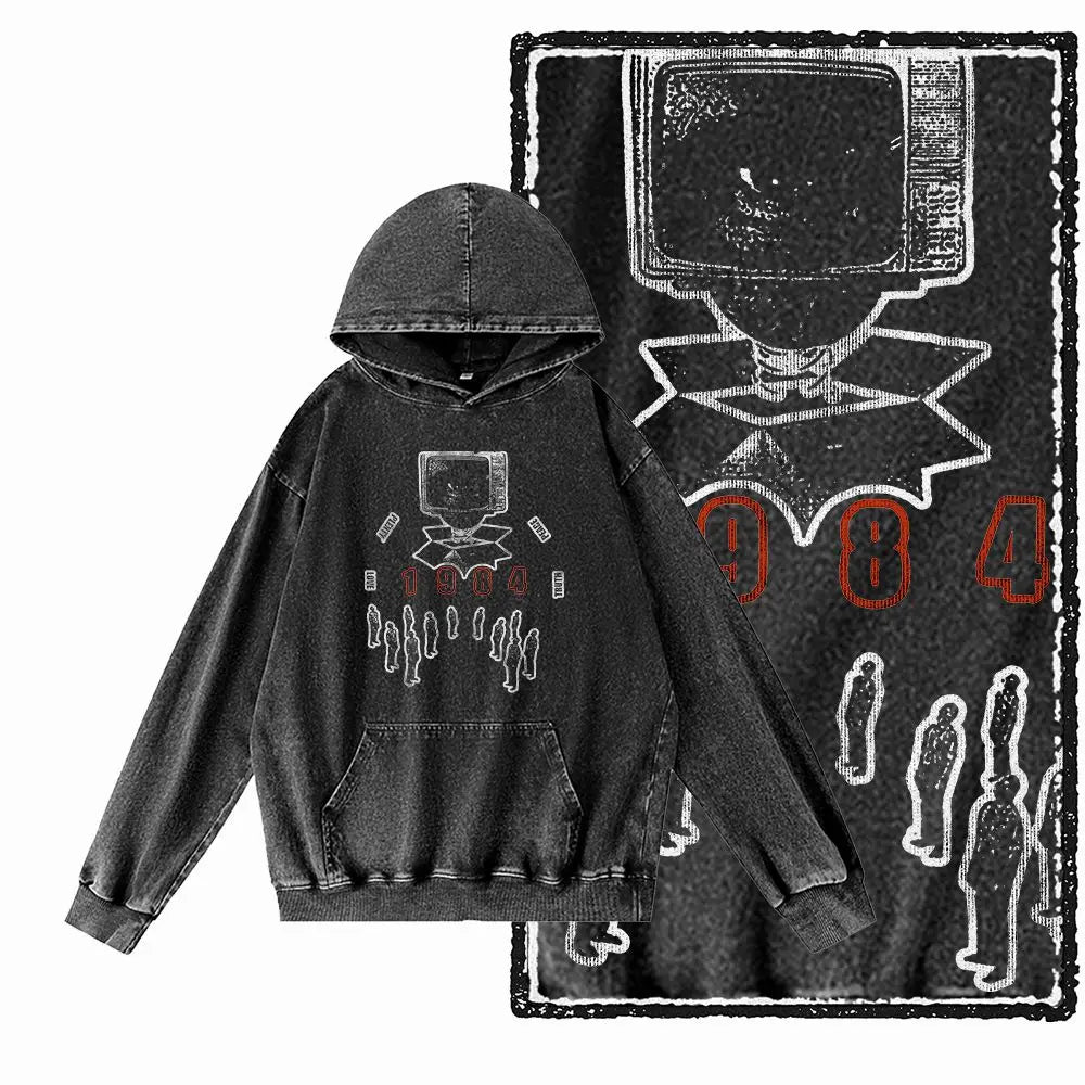 1984 Graphic Acid-Washed Black Streetwear Hoodie