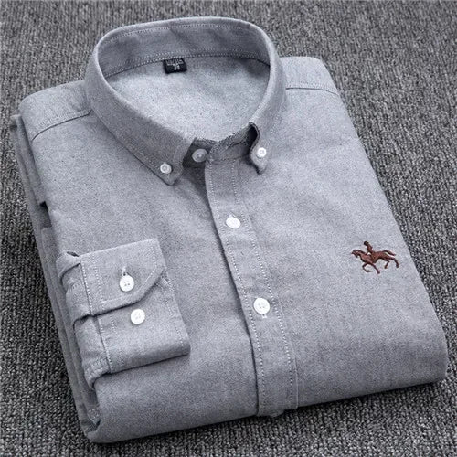 Casual Cotton Oxford Shirts for Men - Long Sleeve Regular Fit White Dress Shirt