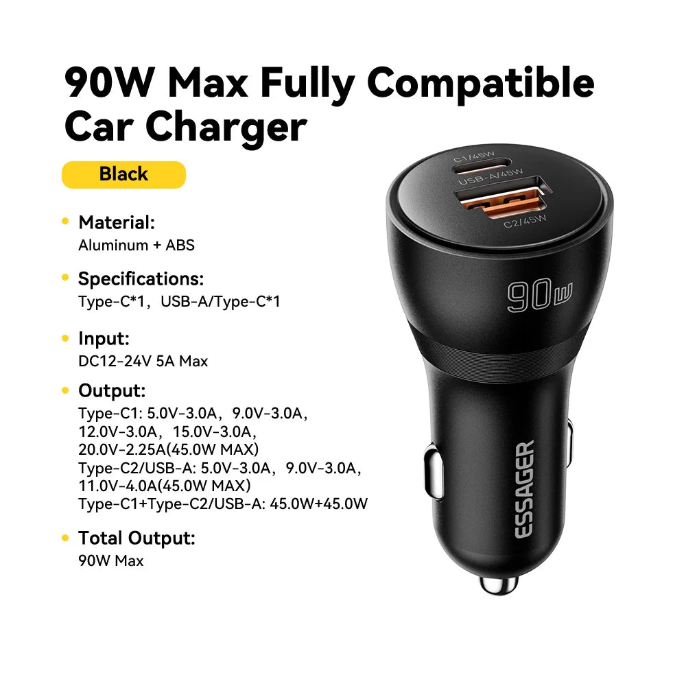 Essager 90W Dual-Port USB Type-C Car Charger with 45W PD Fast Charging