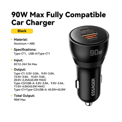 Essager 90W Dual-Port USB Type-C Car Charger with 45W PD Fast Charging