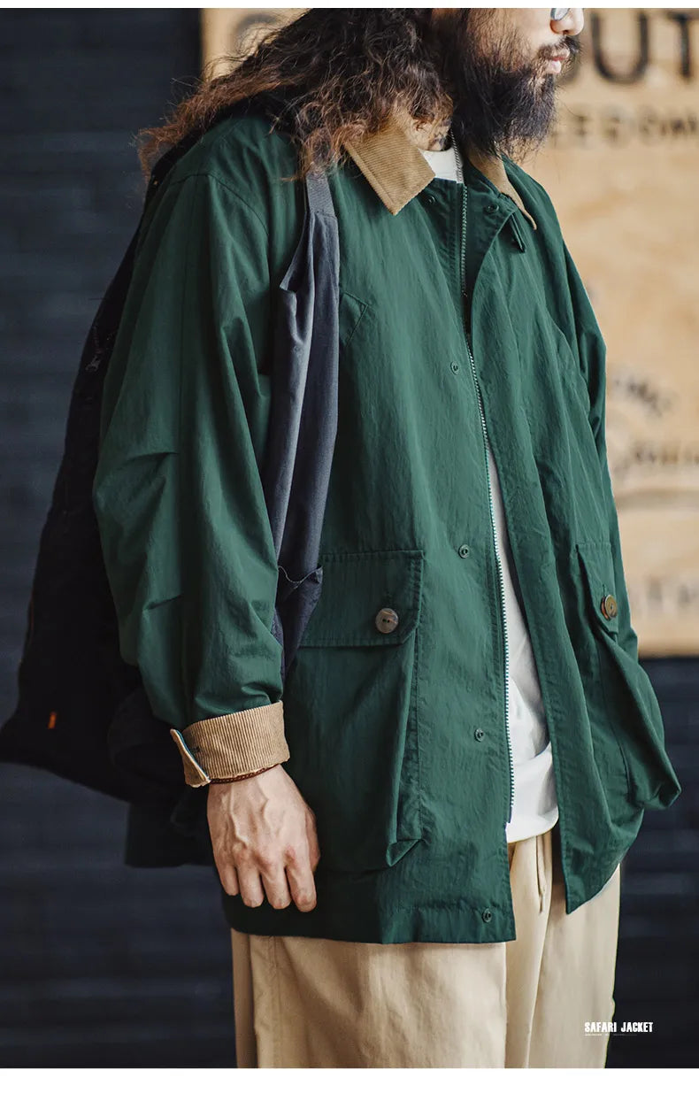Maden Men's Retro Multi-pocket Safari Jacket Green Loose Corduroy Lapel Classic Coat Versatile Outerwear for Spring and Autumn