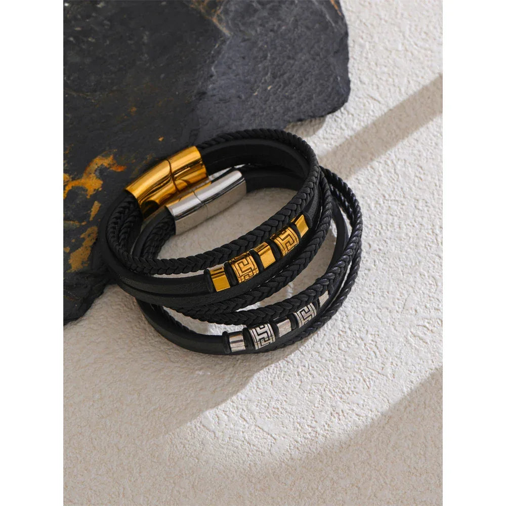 68mm Leather Braided Handmade Layered Men's Bracelet Bangle - ShopHub