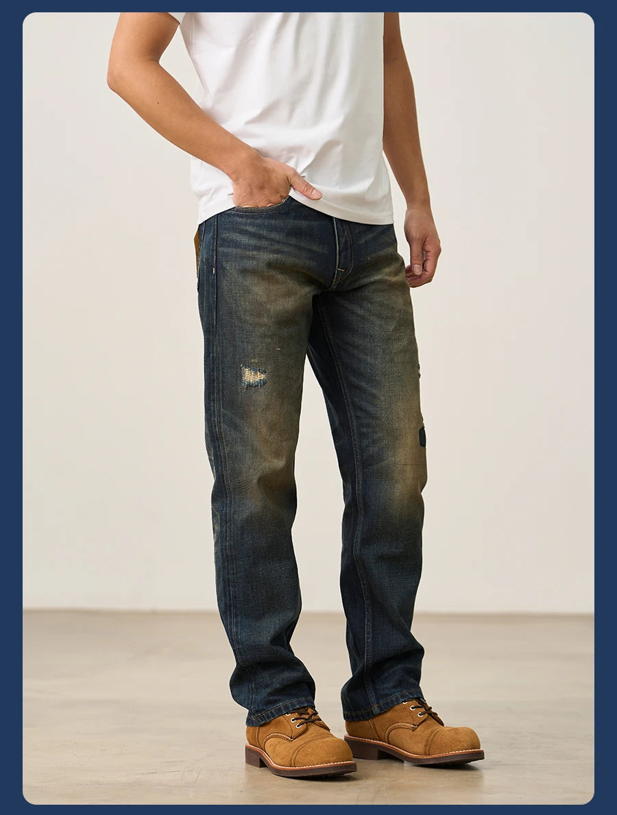 SIMWOOD 2026 Spring New Loose Straight 16oz Heavyweight Selvedge Denim Jeans Men Vintage Distressed Ripped Jeans