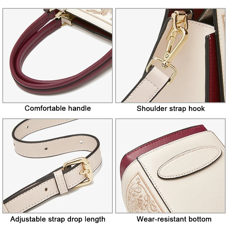 FOXER Women's Shoulder Handbag New Office Lady Crossbody Bag Medium Tote Chic Split Leather Silk Scarf Printing Pocket Mom's Bag