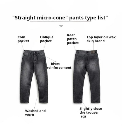 Maden Vintage 13oz Heavyweight Washed Gray Denim Jeans Men's Straight Leg Tapered Pants Casual Trousers for Spring and Fall