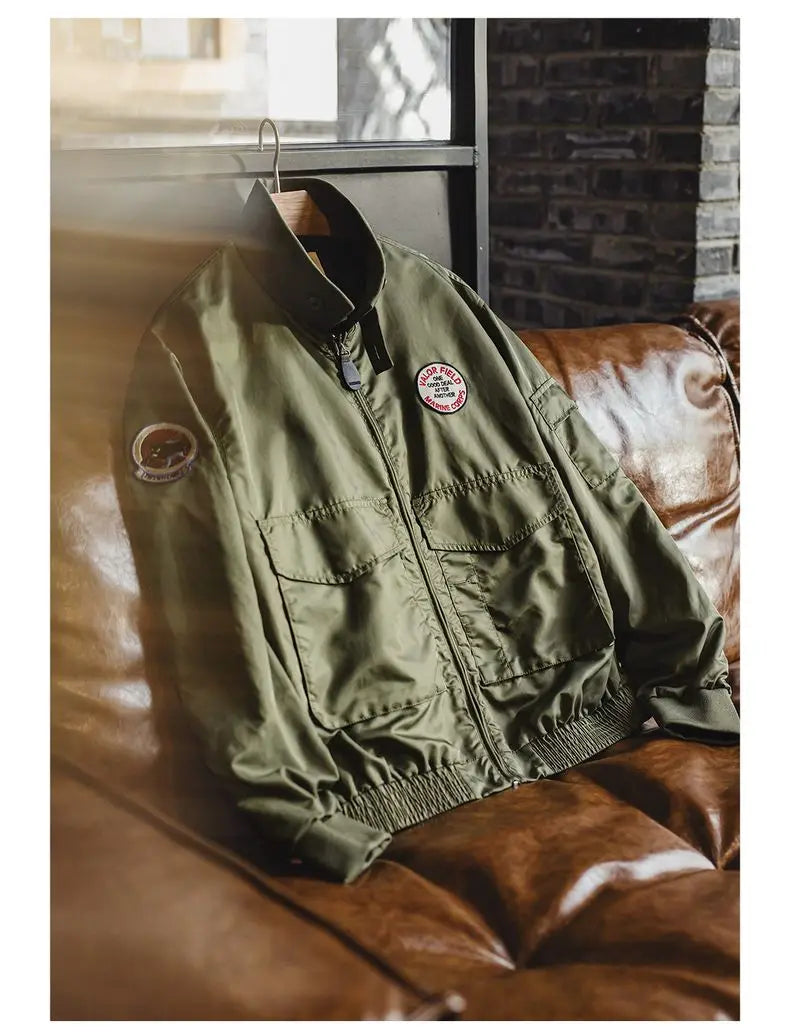 Maden Vintage Military Style G8WEP Jacket Men's Short Length Stand Collar Tactical Coat Green Lightweight Zip-Up Field Jacket