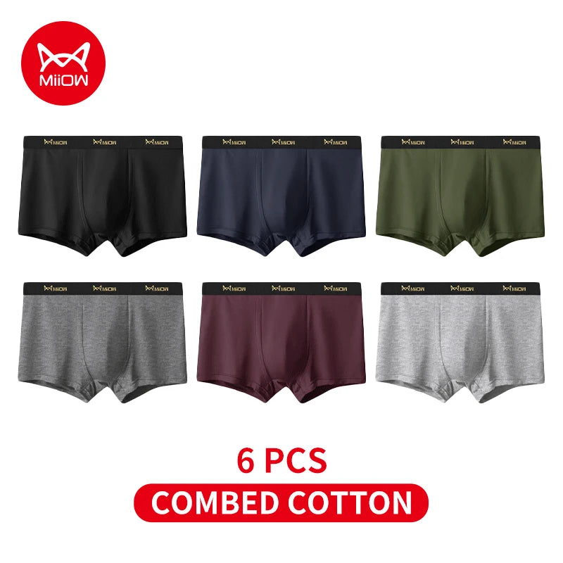 MiiOW 6Pcs Men's Cotton Underwear - Soft Antibacterial Breathable Boxer Briefs with Cotton Crotch