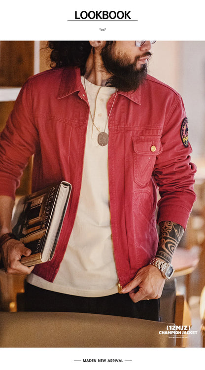 Maden New Vintage Heavy-Duty Letter Embroidered 12MJZ Jacket Red Slim-Fit Canvas Lapel Coat Men's Spring Zip-Up Casual Outerwear