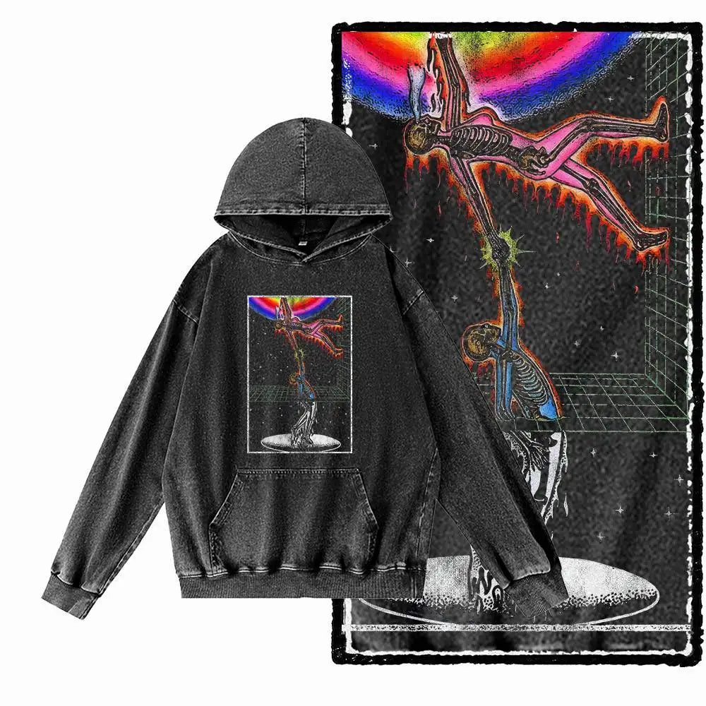 G09 Creative Graphic Acid-Washed Black Hoodie