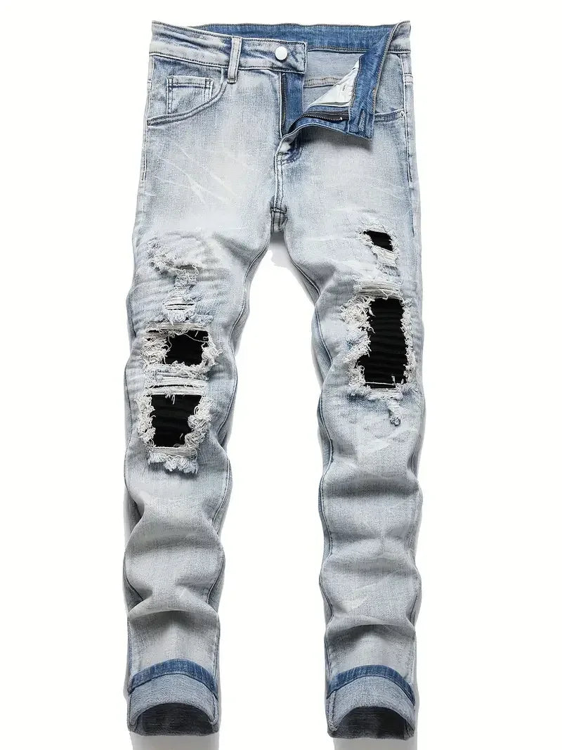 Men's Skinny Jeans With Patchwork Holes - ShopHub