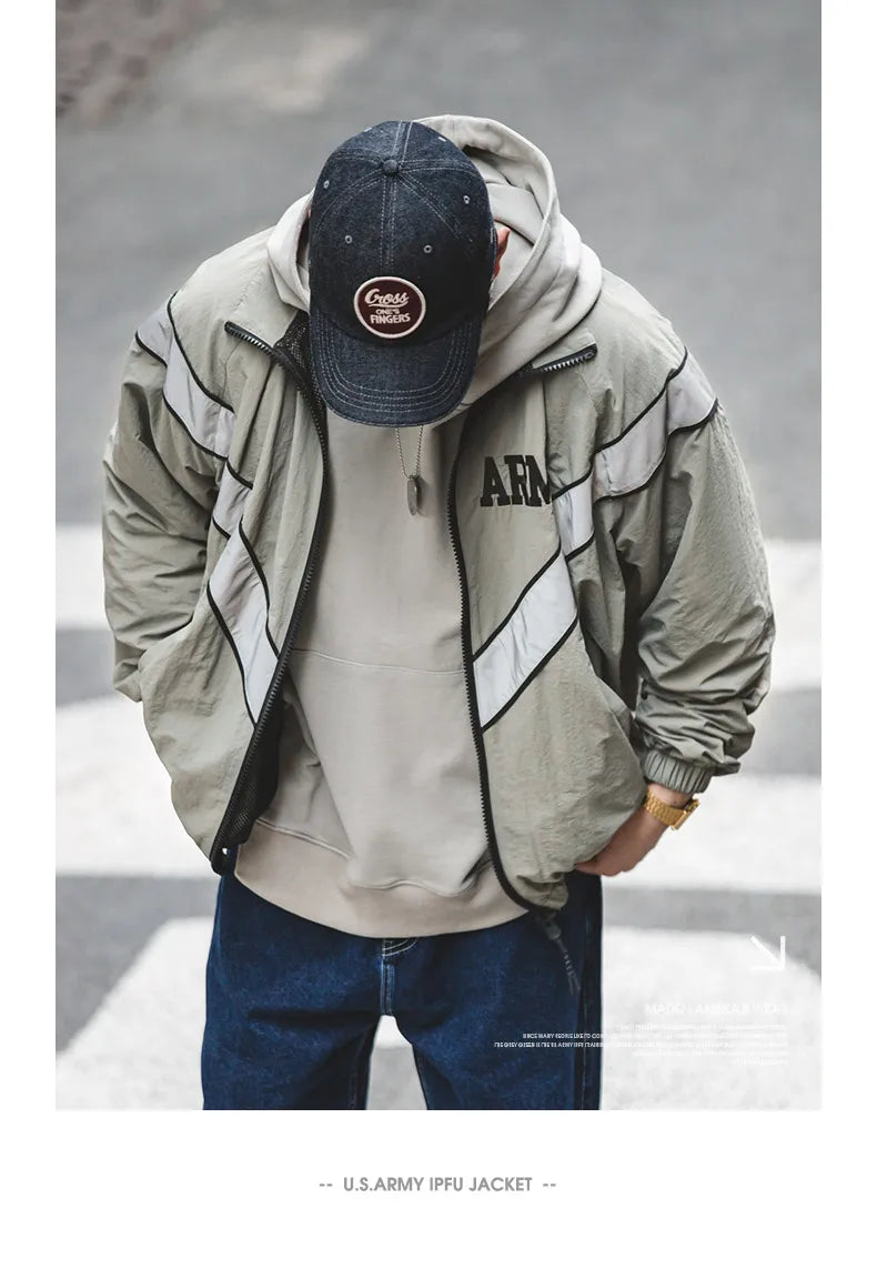 Maden Bomber Jackets For Men Vintage Training Coat Vibe Wind Reflective Hooded Quick-drying Jacket Male Blue