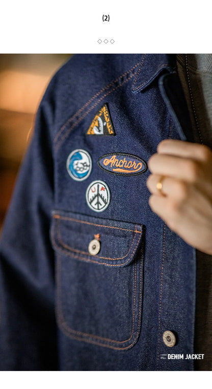 Maden Vintage Embroidered Badge 12.8oz Heavyweight Denim Jacket Washed Lapel Casual Outerwear for Men Spring and Fall Chore Coat